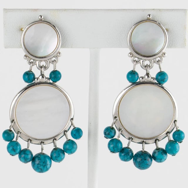Metal Christian Dior Silvered Metal Clip Earrings with Mother of Pearl and Turquoise For Sale - Image 7 of 11