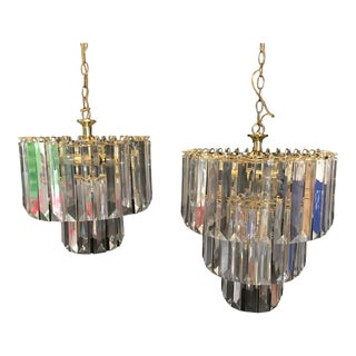 Italian Mid-Century Modern Three Tiered Clear Lucite Waterfall Chandeliers - A Pair For Sale