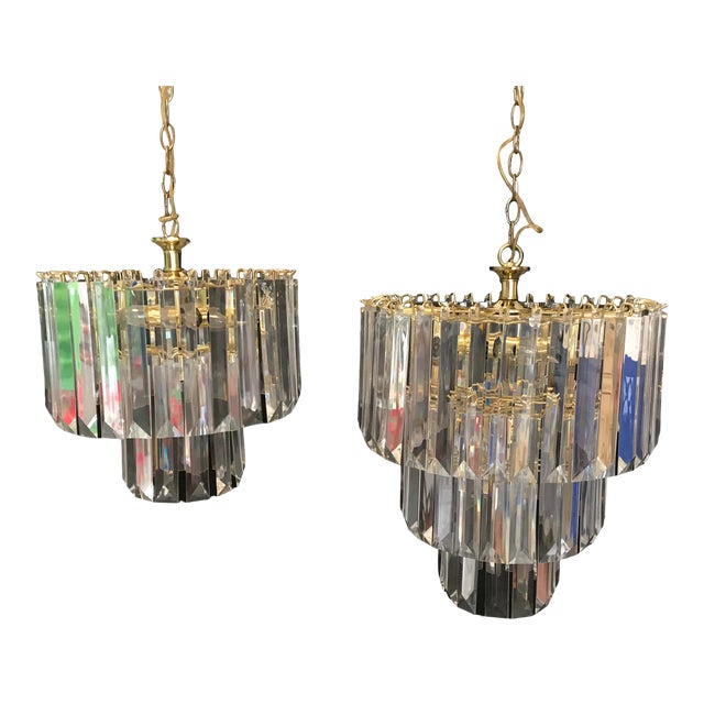 Mid 20th Century Italian Mid-Century Modern Three Tiered Clear Lucite Waterfall Chandeliers - A Pair For Sale
