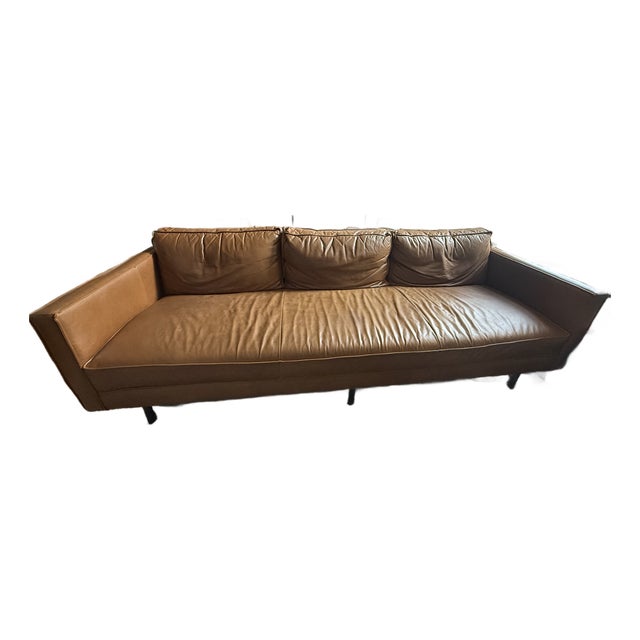 West Elm Axel Leather Sofa, 89” – Mid-Century Modern Style in Brown For Sale