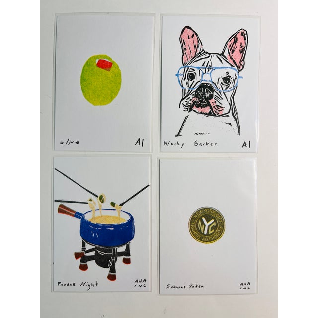 Collect one, collect them all! Ana Inciardi original art prints from former NYC based artist. Olive, Warby Barker Bull...