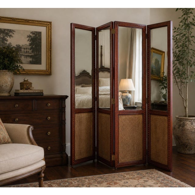Vintage Maitland-Smith Hand Made Three-Panel Mirrored Woven Room Divider Screen For Sale - Image 6 of 11