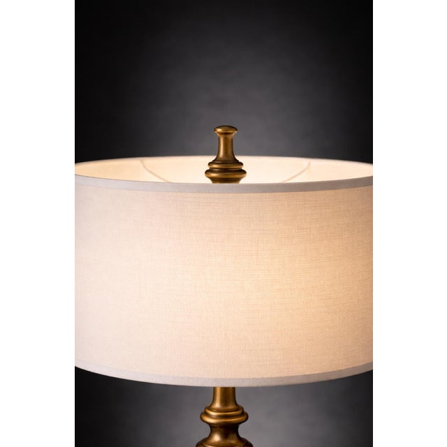 Late 20th Century Antique Bronze Finish With Linen Drum Shade Heavy Cast Metal Table Lamp– 32” Tall, 3-Way Switch For Sale - Image 5 of 8