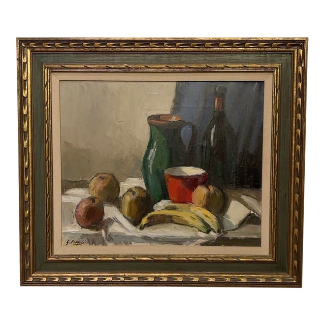 Vintage Signed Oil Still Life With Fruit, Green Pitcher & Gilt Frame For Sale