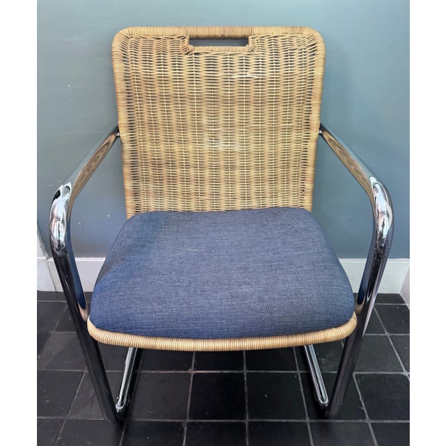 Brown Set of 4 Attributed Chromcraft Cantilever Chairs With Wicker Backrest For Sale - Image 8 of 12