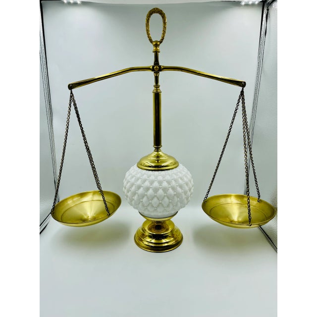 Vintage Brass & Milk Glass "Balance of Justice" Weight Scales For Sale - Image 12 of 12