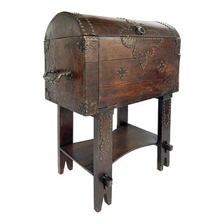 Rustic Vintage Domed Trunk on Stand Dry Bar With Brass Handles and Brass Nailheads For Sale