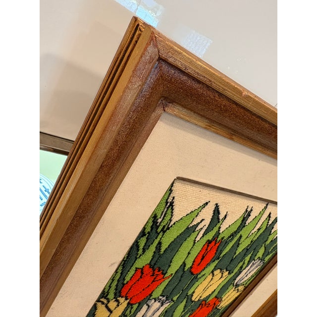 Mid-Century Modern Vintage Framed Tulip Needlepoint Textile Art Scandinavian Modern Solid Wood Frame For Sale - Image 3 of 12