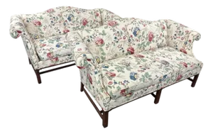 Vintage Hickory Chair Chinese Chippendale Floral Upholsterered Camelback Sofas - A Pair