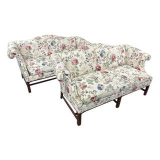 Vintage Hickory Chair Chinese Chippendale Floral Upholsterered Camelback Sofas in Lee Jofa Fabric - A Pair For Sale