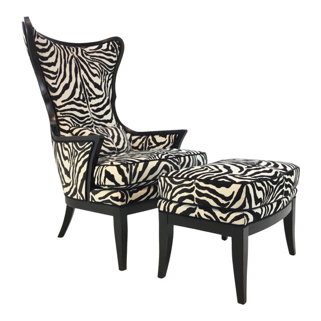 Currey & Co. Modern Black and White Cut Velvet Zebra Chair and Ottoman