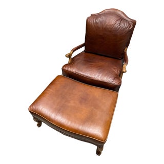 Ethan Allen Harris Leather Bergere Accent Chair With Ottoman For Sale