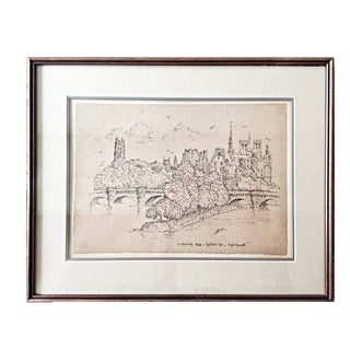 1960s Parisian Cityscape Scene Ink Drawing, Framed For Sale