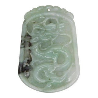 Natural Jade Chinese Rectangular Pendant Plate With Dragon and Luyi Flower Art For Sale