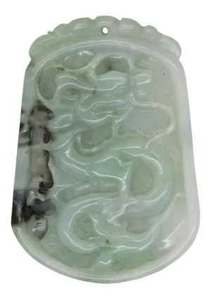 Natural Jade Chinese Rectangular Pendant Plate With Dragon and Luyi Flower Art