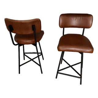 West Elm Slope Leather Swivel Counter Stools / Bar Stools For Sale