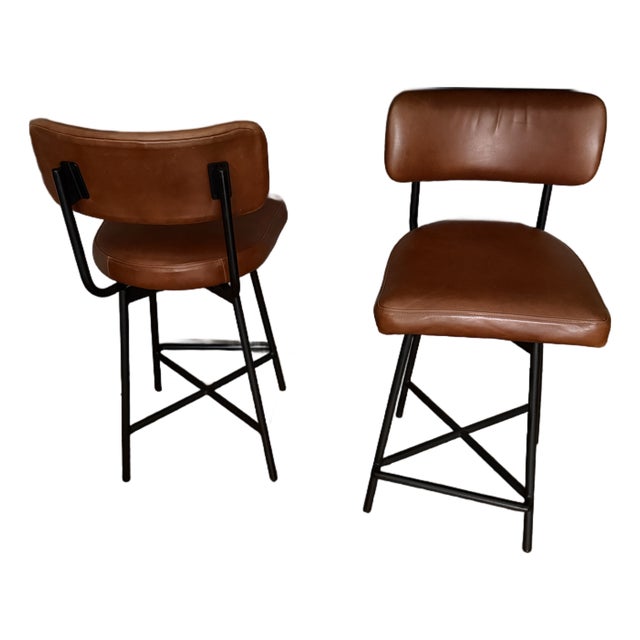 West Elm Slope Leather Swivel Counter Stools / Bar Stools For Sale
