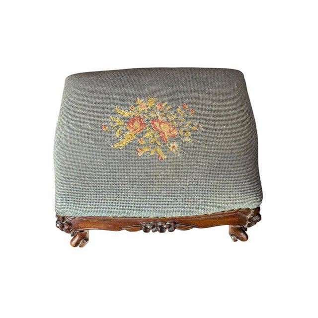 1940s Vintage French Country Louis v Style Carved Wooc Needlepoint Footstool Ottoman Nailhead Detail For Sale - Image 5 of 5