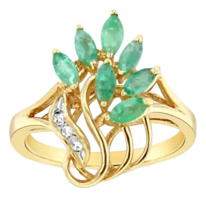 Marquise Emerald & Diamond Floral Style Ring .40cttw 14k Yellow Gold, Size 6.75