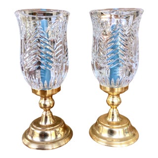 Vintage International Silver Company Gold Plated and Glass Candle Stick Holders - a Pair For Sale