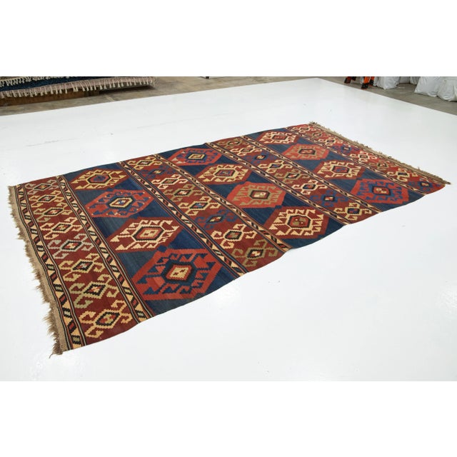 Turkish Handmade Vintage Turkish Kilim Wool Rug Allover Geometric in Blue and Red For Sale - Image 3 of 9