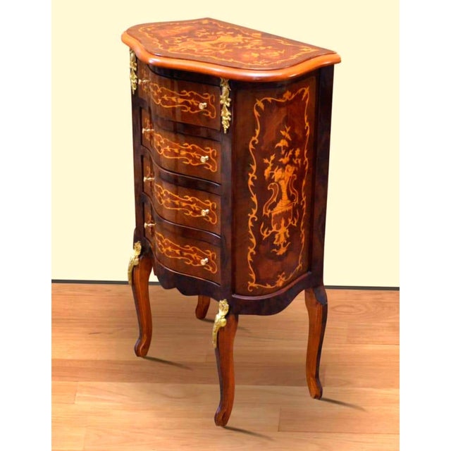 French French Louis XV Petite Commode – 4-Drawer Bombe Chest With Marquetry & Gold Leaf Details For Sale - Image 3 of 3