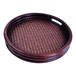 Vintage 1980s Brown Triple Rattan Handled Serving Tray For Sale