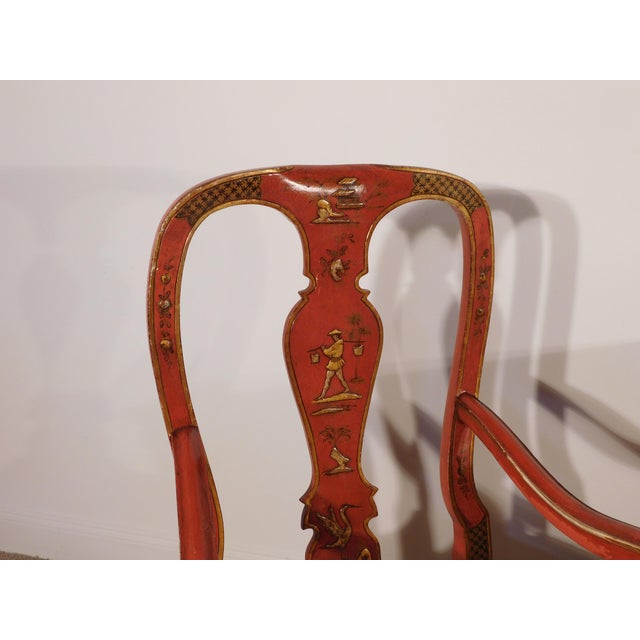 French Antique Baker 1950s French Red Chinoiserie Leather Top Writing Desk & Arm Chairs For Sale - Image 3 of 16