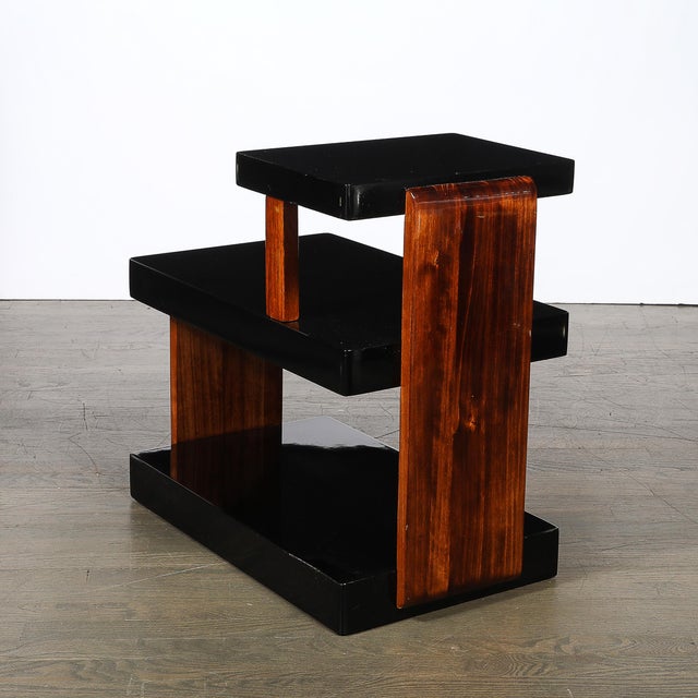 Art Deco Machine Age Three-Tier Black Lacquer & Walnut Side Table For Sale - Image 10 of 14