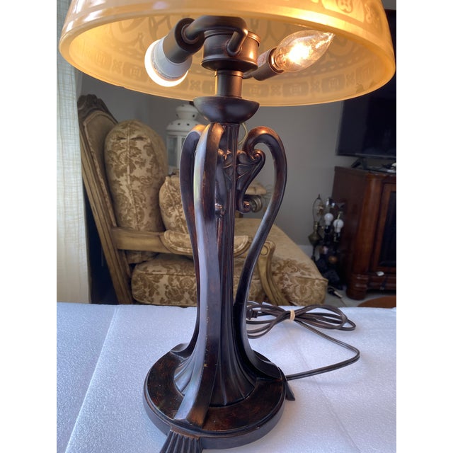 Vintage Art Deco Style Table Lamp, Ornate Dark Bronze Metal Base, Amber Glass Dome Shade, 24” Tall For Sale - Image 10 of 12
