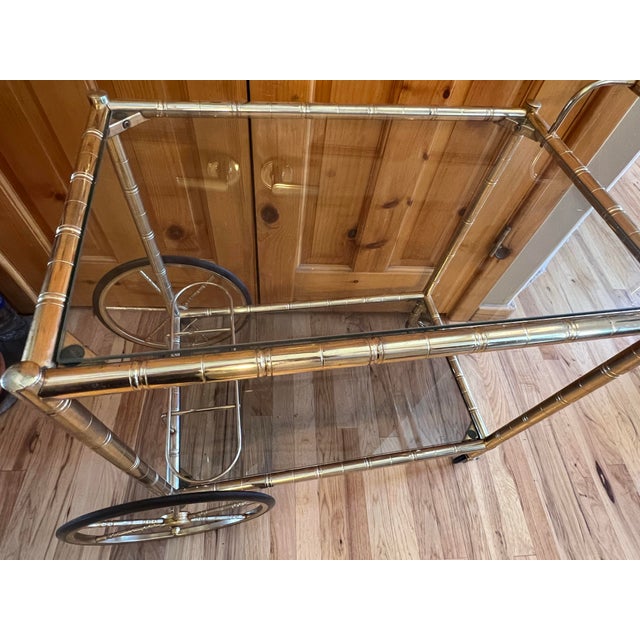 Mid 20th Century Mid Century Modern French Brass Faux Bamboo 2-Tier Bar Drink Cart Glass Shelves For Sale - Image 5 of 11