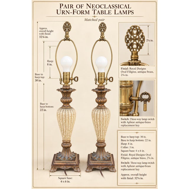 A striking matched pair of neoclassical table lamps, each with a tall cream crackle-finish urn body, sculptural fluting,...