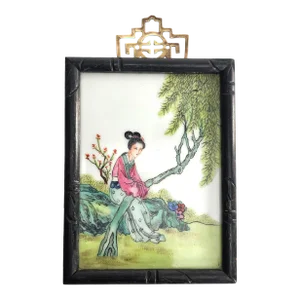 1940s Republic Period Chinese Porcelain Plaque – 5.25” Scenic Painting, Bamboo Frame