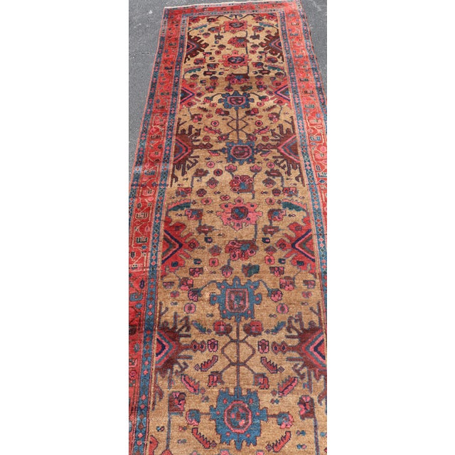 Antique Persian Hamadan Long Runner With Geometric Motifs in Light Camel Field For Sale - Image 9 of 13