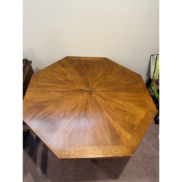 Spanish Revival 1960s Drexel Esperanto Walnut Octagonal Dining Table and Curule Chairs – 3 Pieces For Sale - Image 3 of 12