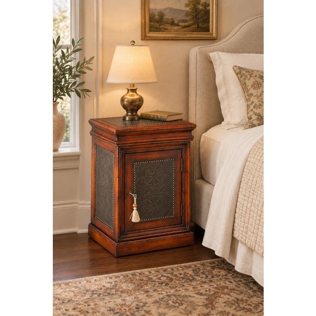 Vintage Solid Wood Locking Accent Cabinet With Engraved Metal Panels For Sale - Image 4 of 6