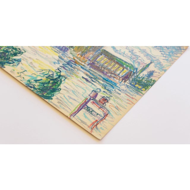 Early 1950s Swedish Original Oil Pastel Drawing of the Stockholm City Hall and waterfront in Sky Blue, Pink, Purple,...