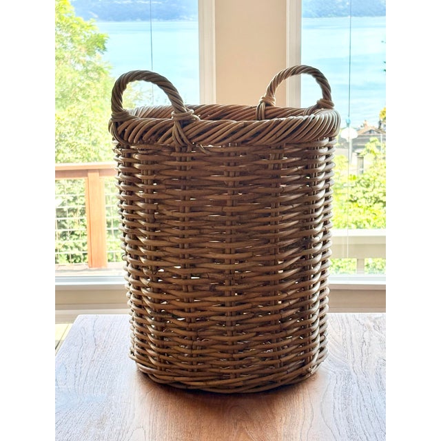 Large Vintage Double Handle Wicker Woven Basket Traditional English Farm Approximate 7mm weave loom Approximate 5 pounds...