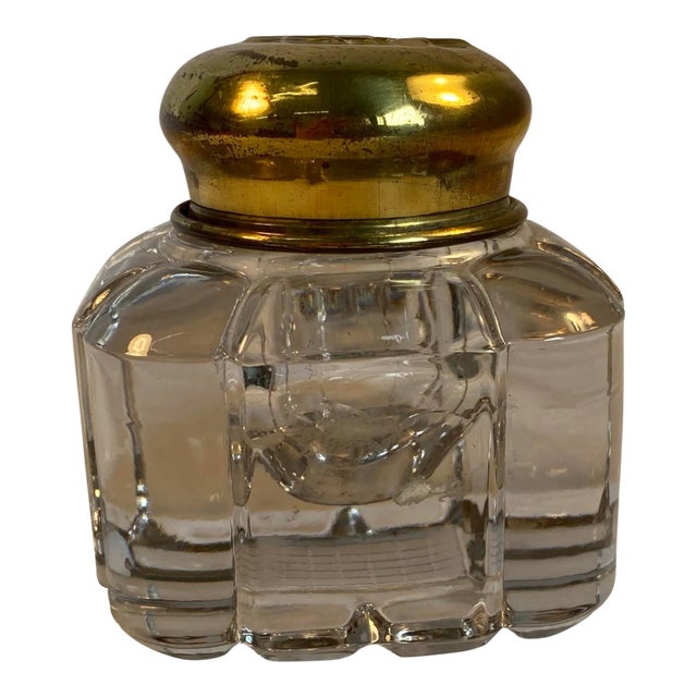 Early 20th Century Large Glass Inkwell With Brass Top For Sale