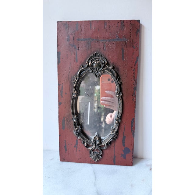 Vintage Red Distressed Wall Mirror With Ornate Frame For Sale In Greensboro - Image 6 of 10