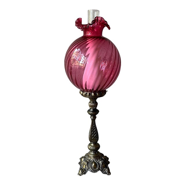 Vintage Cranberry Pink Swirl Glass Tall Electric Victorian-Style Parlor Lamp For Sale
