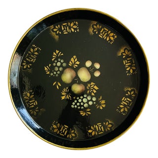 1960s Black Laquer Handpainted Tole Tray For Sale