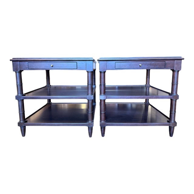 Late 20th Century Pair of Regency Style Mahogany Burl Inlay Side Tables For Sale