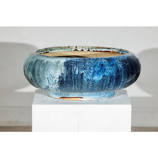 Vintage Shigaraki-Style Light Blue Planter with Organic Glaze and Wide Opening For Sale - Image 17 of 18
