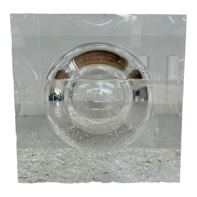 1970's Albrizzi Lucite "Cubed" Box With Interior Sphere and Textured "Ice" Base For Sale