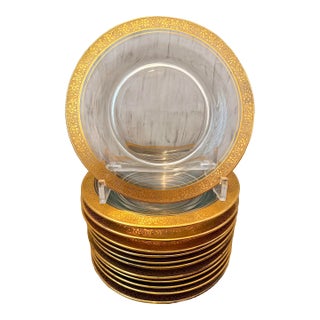 Rare 1930’s Vintage Set of 12 Tiffin-Franciscan Hand Blown Glass, Gold Etched Minton Band Salad, Dessert Plates- A Set For Sale