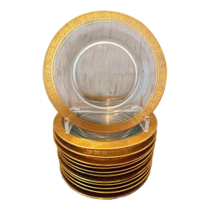 Rare 1930’s Vintage Set of 12 Tiffin-Franciscan Hand Blown Glass, Gold Etched Minton Band Salad, Dessert Plates- A Set