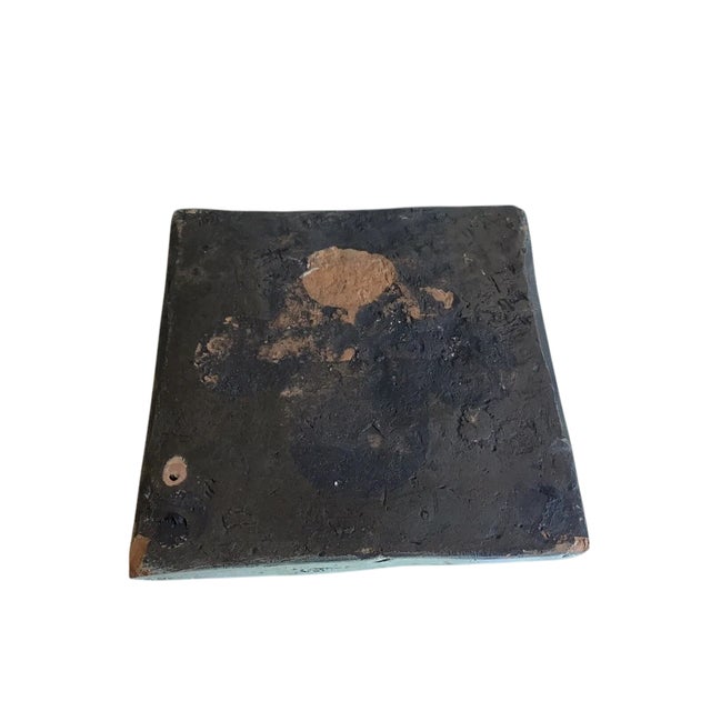 Vintage Artisan Hand Painted Green Floral Old World Terracotta Clay Square Tile For Sale - Image 9 of 10