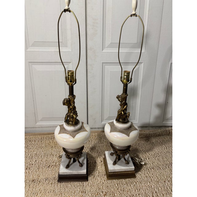 White Mid 20th Century Neoclassical Style Table Lamps With Milk Glass Bodies, Brass Accents, and Marble Bases For Sale - Image 8 of 10