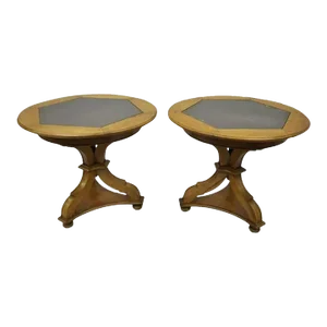 Vintage French Country Style Walnut Slate Top Pedestal Base End Tables - a Pair